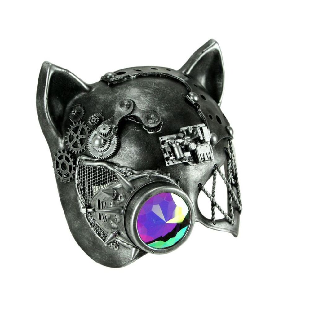 Steamkpunk Cat Robot Kitty Halloween Mask with Light Refraction Monocle, Silver